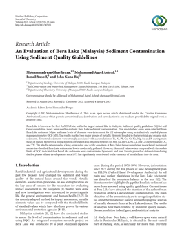 An Evaluation of Bera Lake (Malaysia) Sediment Contamination Using Sediment Quality Guidelines