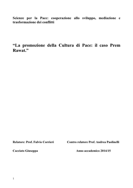 “La Promozione Della Cultura Di Pace: Il Caso Prem Rawat.”