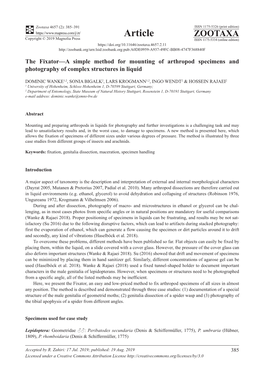 The Fixator—A Simple Method for Mounting of Arthropod Specimens and Photography of Complex Structures in Liquid