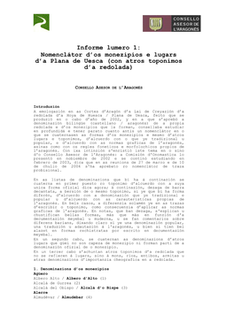 Informe Lumero 1: Nomenclátor D'os Monezipios E Lugars D'a Plana De Uesca (Con Atros Toponimos D'a Redolada)