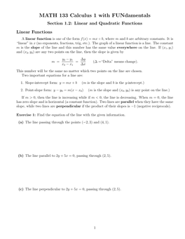 Section 1.2: Linear and Quadratic Functions