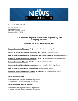 2019 Mainland Regional Science and Engineering Fair Category Winners