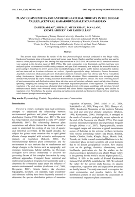 Plant Communities and Anthropo-Natural Threats in the Shigar Valley, (Central Karakorum) Baltistan-Pakistan