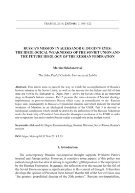 Russia's Mission in Aleksandr G. Dugin's Eyes: the Ideological Weaknesses of the Soviet Union and the Future Ideology of Th