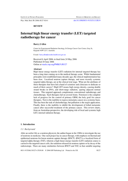 Internal High Linear Energy Transfer (LET) Targeted Radiotherapy for Cancer