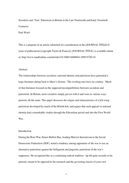 Socialists and ‘True’ Patriotism in Britain in the Late Nineteenth and Early Twentieth