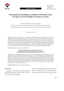 Determination of Pathogenic Variability of Didymella Rabiei, the Agent of Ascochyta Blight of Chickpea in Turkey