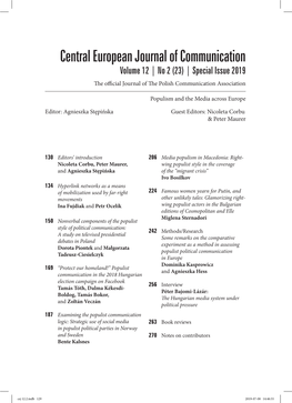 Central European Journal of Communication Volume 12 | No 2 (23) | Special Issue 2019 the Official Journal of the Polish Communication Association