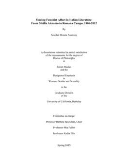 Finding Feminist Affect in Italian Literature: from Sibilla Aleramo to Rossana Campo, 1906-2012