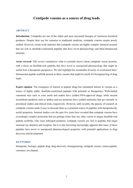 Centipede Venoms As a Source of Drug Leads