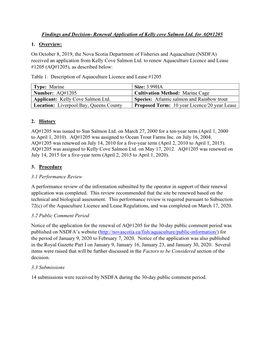 Renewal Application of Kelly Cove Salmon Ltd. for AQ#1205 1. Overview