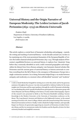 Universal History and the Origin Narrative of European Modernity: the Leiden Lectures of Jacob Perizonius (1651–1715) on Historia Universalis