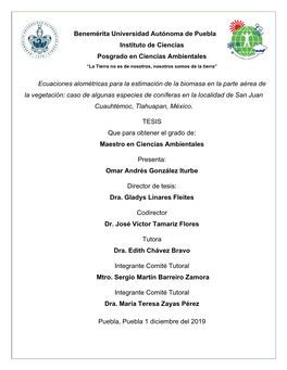 Benemérita Universidad Autónoma De Puebla Instituto De Ciencias Posgrado En Ciencias Ambientales “La Tierra No Es De Nosotros, Nosotros Somos De La Tierra”