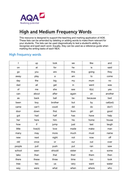 High Frequency Words