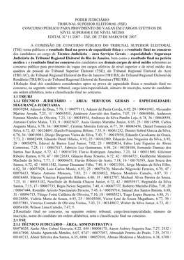 Tse) Concurso Público Para Provimento De Vagas Em Cargos Efetivos De Nível Superior E De Nível Médio Edital N.º 11/2007 – Tse, De 27 De Março De 2007