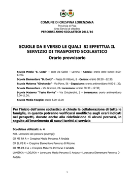 COMUNE DI CRESPINA LORENZANA Provincia Di Pisa Area Servizi Al Cittadino PERCORSI ANNO SCOLASTICO 2015/16