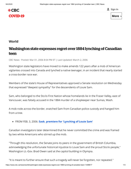 CBC – Washington State Expresses Regret Over 1884 Lynching Of