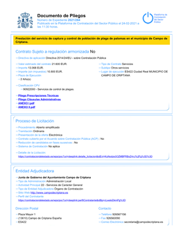 Documento De Pliegos Número De Expediente 2021/264 Publicado En La Plataforma De Contratación Del Sector Público El 24-02-2021 a Las 11:30 Horas