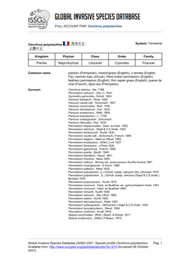 FULL ACCOUNT FOR: Cenchrus Polystachios Global Invasive Species Database (GISD) 2021. Species Profile Cenchrus Polystachios