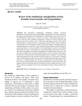 Review Article Review of the Sticklebacks and Pipefishes of Iran