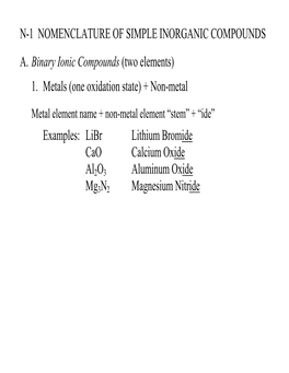 (Two Elements) 1. Metals (One Oxidation State) +