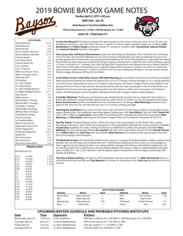 2019 BOWIE BAYSOX GAME NOTES Tuesday, April 23, 2019 - 6:05 P.M