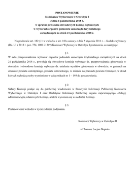 POSTANOWIENIE Komisarza Wyborczego W Ostrołęce I Z Dnia 1 Października 2018 R