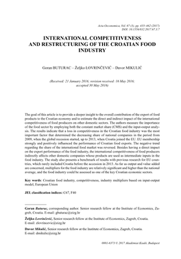 International Competitiveness and Restructuring of the Croatian Food Industry