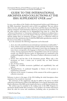 Guide to the International Archives and Collections at the Iish: Supplement Over 2000Ã