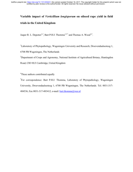 Variable Impact of Verticillium Longisporum on Oilseed Rape Yield in Field