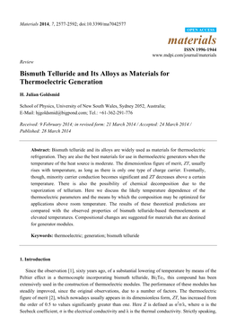 Bismuth Telluride and Its Alloys As Materials for Thermoelectric Generation