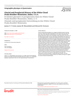 Glacial and Postglacial History of the White Cloud Peaks-Boulder Mountains, Idaho, U.S.A