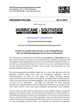 PRESSEMITTEILUNG 30.11.2017 Arcade Fire Und Billy Talent