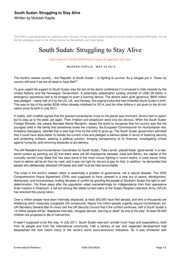 South Sudan: Struggling to Stay Alive Written by Mukesh Kapila