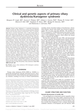 Clinical and Genetic Aspects of Primary Ciliary Dyskinesia/Kartagener Syndrome Margaret W