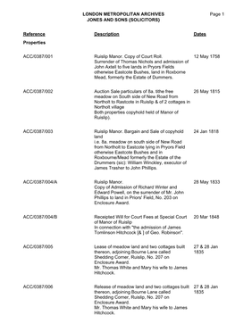 LONDON METROPOLITAN ARCHIVES JONES and SONS {SOLICITORS} ACC/0387 Page 1 Reference Description Dates Properties ACC/0387/001