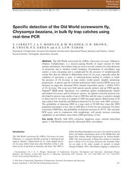 Specific Detection of the Old World Screwworm Fly, Chrysomya