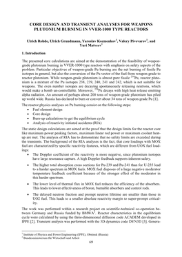 Core Design and Transient Analyses for Weapons Plutonium Burning in Vver-1000 Type Reactors