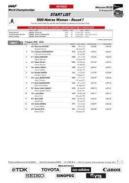 START LIST 1500 Metres Women - Round 1 First 6 in Each Heat (Q) and the Next 6 Fastest (Q) Advance to the Semi-Final