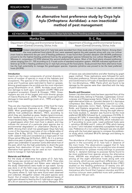 An Alternative Host Preference Study by Oxya Hyla Hyla (Orthoptera: Acrididae)- a Non Insecticidal Method of Pest Management