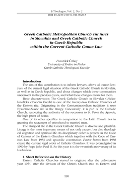 Greek Catholic Metropolitan Church Sui Iuris in Slovakia and Greek Catholic Church in Czech Republic Within the Current Catholic Canon Law