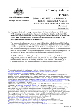 Bahrain – BHR39737 – 14 February 2011 Protests – Treatment of Protesters – Treatment of Shias – Protests in Australia Returnees – 30 January 2012