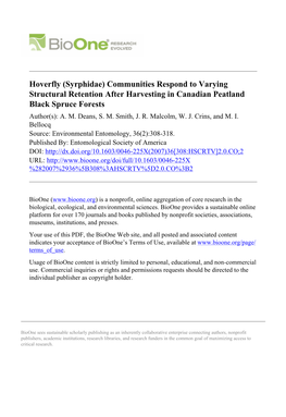 (Syrphidae) Communities Respond to Varying Structural Retention After Harvesting in Canadian Peatland Black Spruce Forests Author(S): A