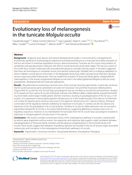 Evolutionary Loss of Melanogenesis in the Tunicate Molgula Occulta Claudia Racioppi1,2,3, Maria Carmen Valoroso1,8, Ugo Coppola1, Elijah K