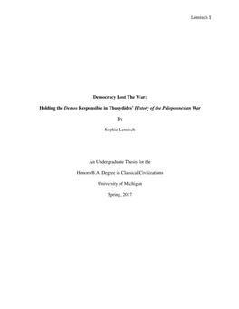 Lemisch 1 Democracy Lost the War: Holding the Demos Responsible in Thucydides' History of the Peloponnesian War by S