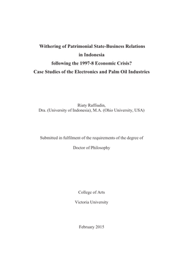Withering of Patrimonial State-Business Relations in Indonesia Following the 1997-8 Economic Crisis? Case Studies of the Electronics and Palm Oil Industries