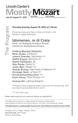 Idomeneo, Re Di Creta R Music by Wolfgang Amadeus Mozart P
