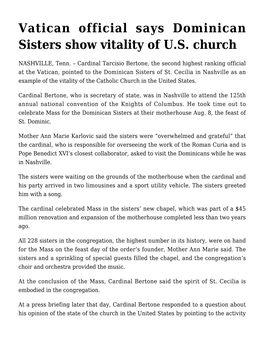 Vatican Official Says Dominican Sisters Show Vitality of U.S. Church