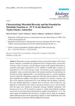 Characterizing Microbial Diversity and the Potential for Metabolic Function at Í15 °C in the Basal Ice of Taylor Glacier, Antarctica