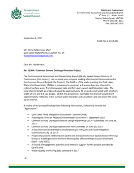 2017-014 Mr. Kerry Holderness, Chair Quill Lakes Watershed Association